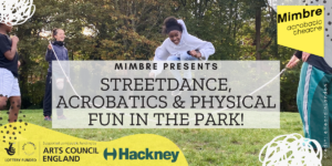banner with text "Streetdance, Acrobatics & Physical Fun In The Park". There are logos in the corners.