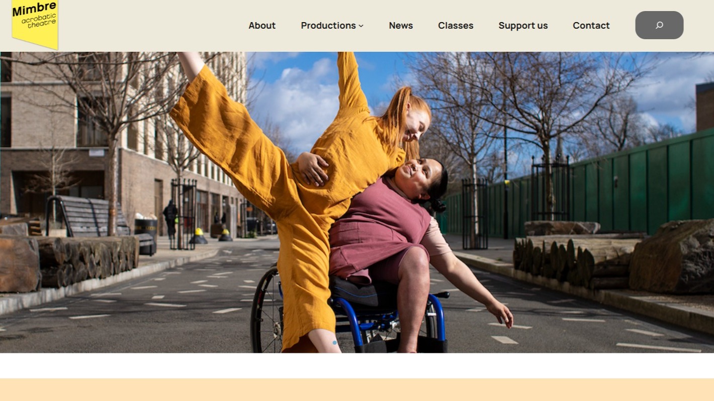 A screengrab of the Mimbre website - it shows a carousel image and the different tabs across the top.
